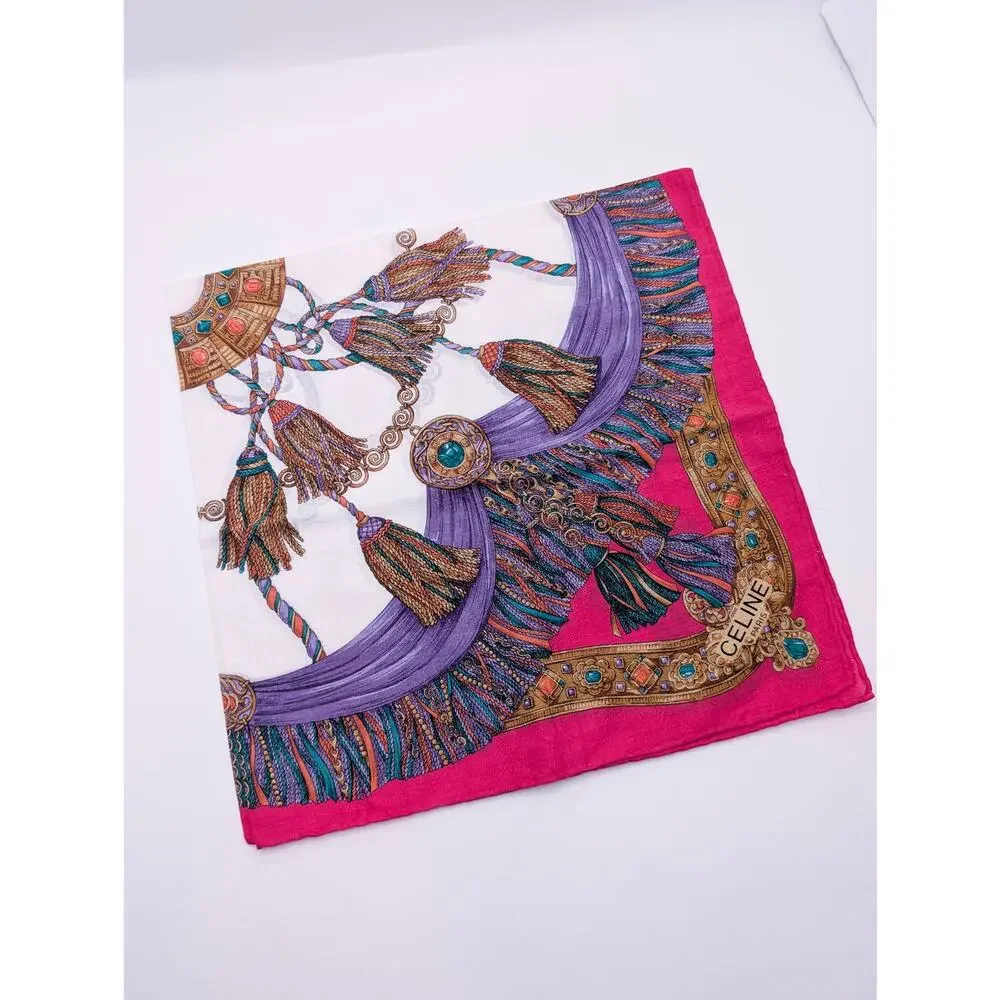 Authentic Celine Paris Silk Tassel Print Scarf 19x19